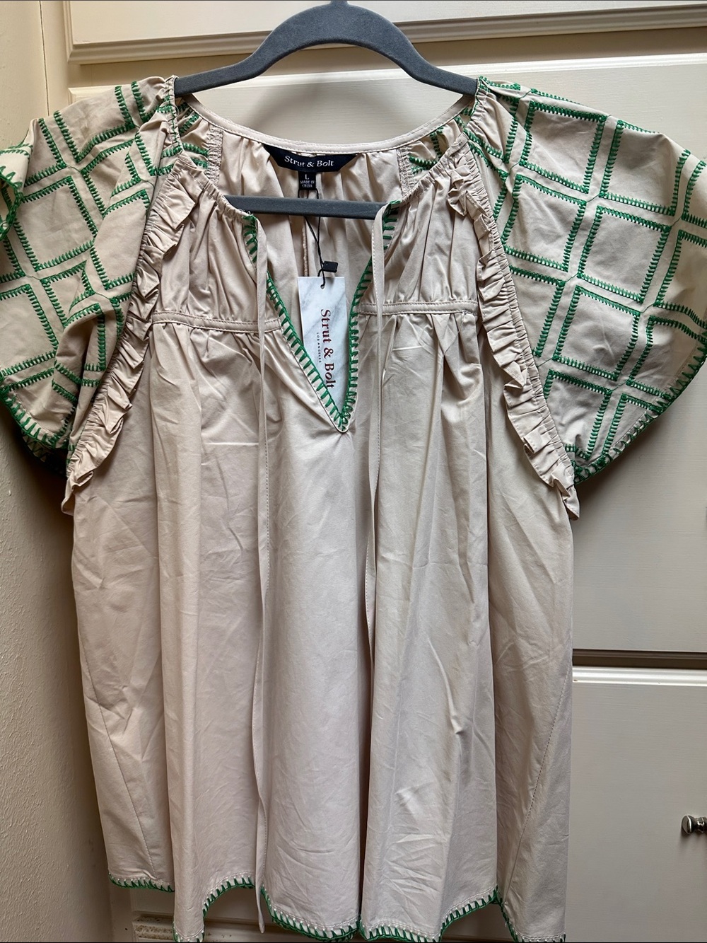 Strut & Bolt Boutique Cream Blouse with Green Embroidered Sleeves